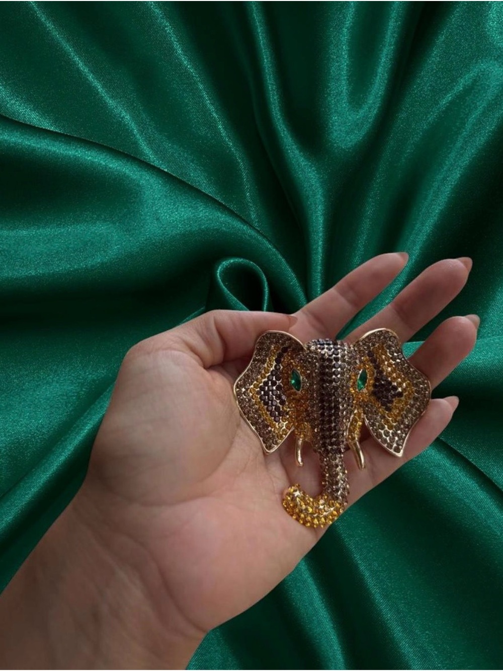 Gold-Tone Elephant Brooch with Green Eye Accents